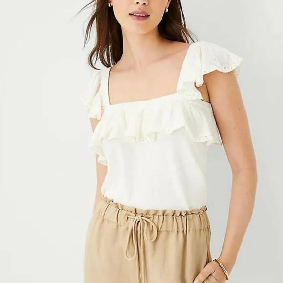 Ann Taylor Top Womens L Ivory Knit Stretch Linen Flounce Ruffle Square Neck NEW - Picture 1 of 10
